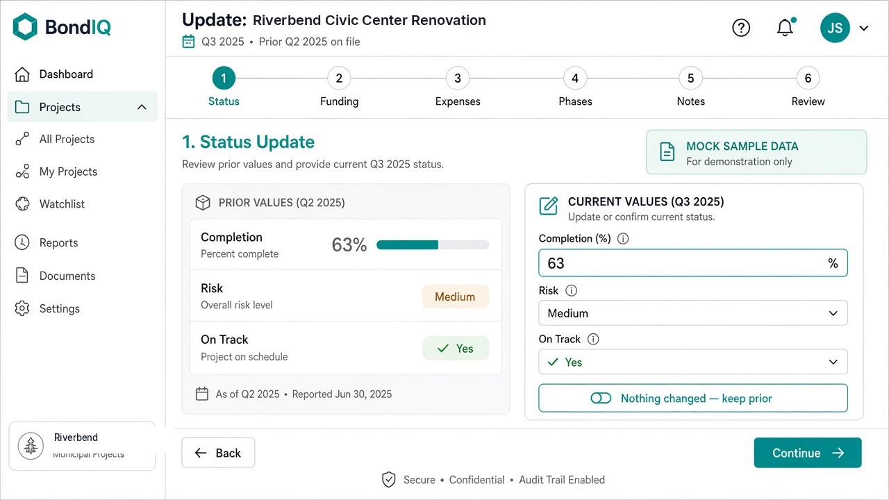 Illustrative City of Riverbend project update in BondIQ, comparing prior and current completion, risk, and schedule status