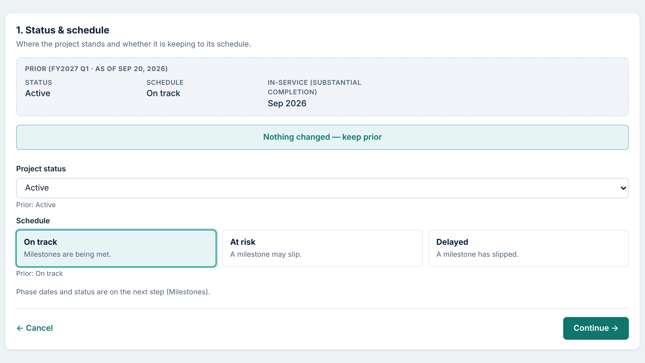 BondIQ quarterly update wizard for the Riverbend sample city, with last quarter status and schedule beside the current entry and a keep prior option